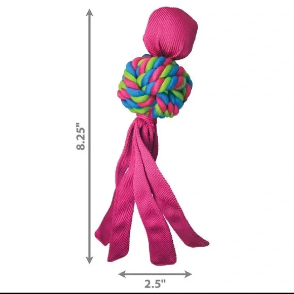 Small Kong Wubba Tug Toy in Bright Pink with Multicolor Braided Knot - Picture 2 of 4